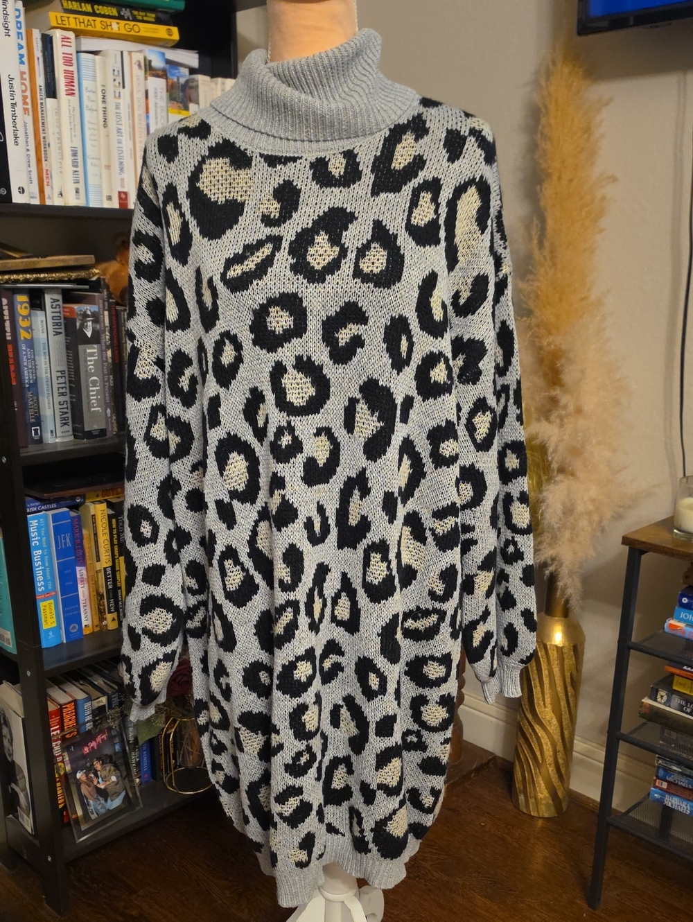 Fantastic Fawn Gray Black Leopard Print Cowl Neck Sweater Dress Oversized Size L